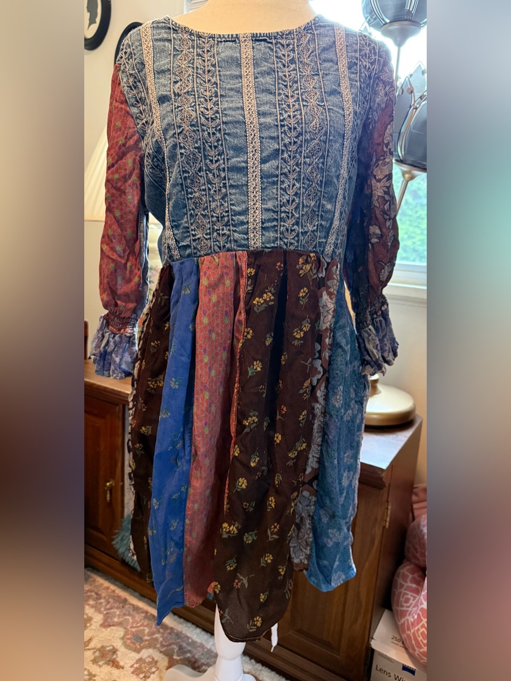 Boho Patchwork Mini Dress in Blue, Brown & Red young threads never worn large